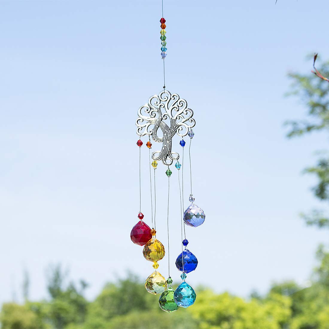 H&D HYALINE & DORA Crystal Glass Suncatcher Chakra Colors Ball Prism Tree of Life Window Hanging Ornament Rainbow Suncatcher