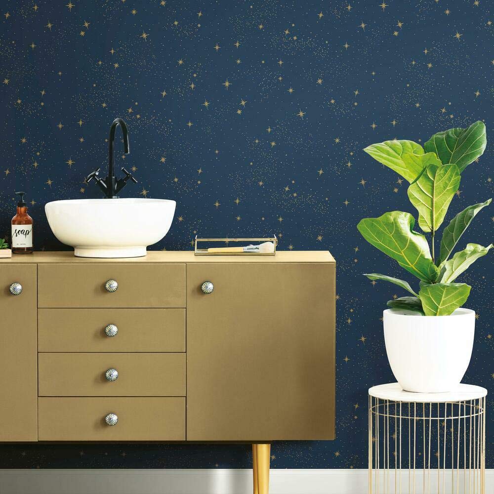 RoomMates RMK11319WP Upon A Star Navy and Metallic Peel and Stick Wallpaper