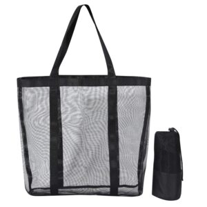 sphaiya mesh beach bag - durable tote bag- simply lightweight for shopping groceries sports gym swimming pool travel tote bag (black, x-large)