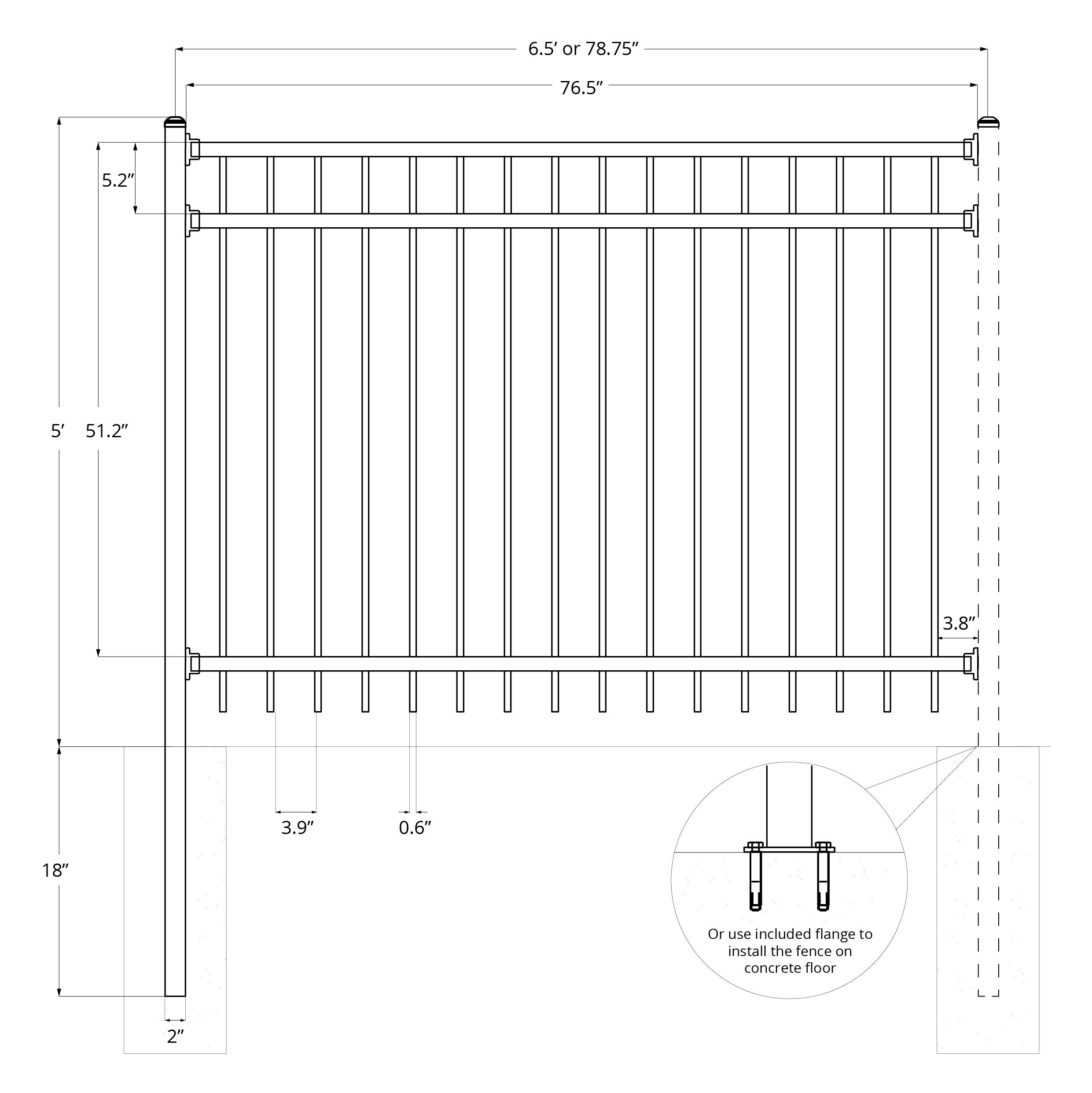 XCEL - Black Steel Anti-Rust Fence Panel - Flat End Picket - 6.5ft W x 5ft H - Easy Installation Kit, Outdoor Residential Fencing for Yard, Garden, Concrete, 3-Rail Metal Fence, include a Fence Post