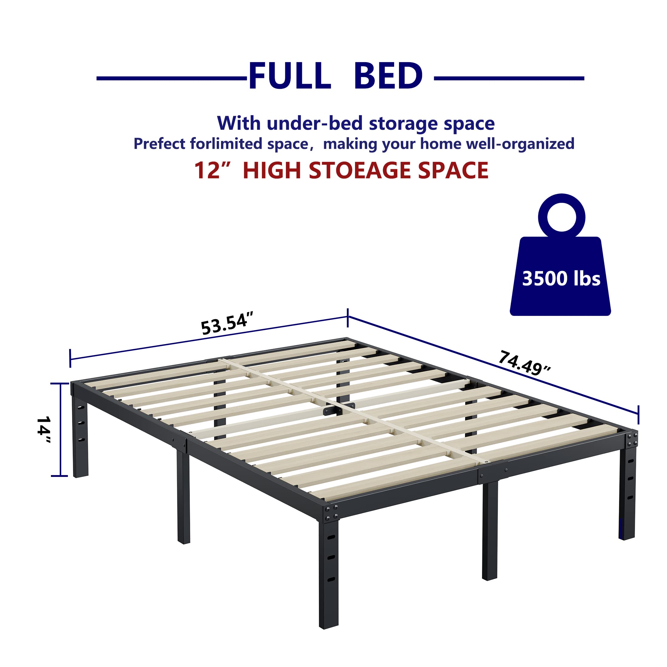 ZIYOO Full Size Bed Frame 14 Inches High 3 Inches Wide Wood Slats with 3500 Pounds Support for Foam Mattress, No Box Spring Needed, Underbed Storage Space,Easy Assembly, Noise Free