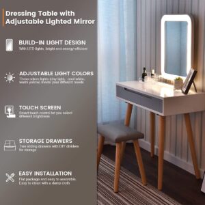 ARTETHYS Vanity Table Set with Adjustable Brightness Mirror and Cushioned Stool, Dressing Table Vanity Makeup Table with Free Make-up Organizer