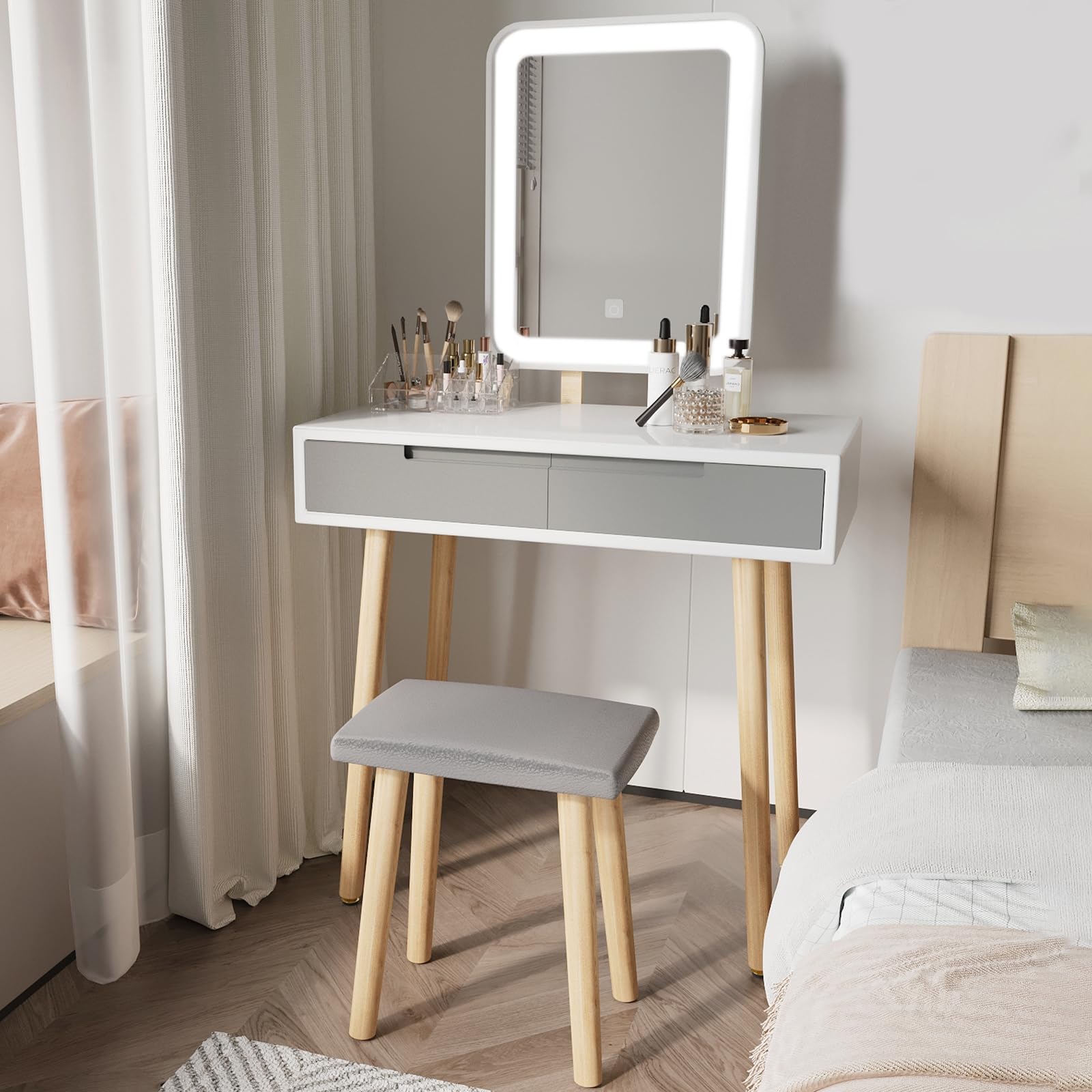 ARTETHYS Vanity Table Set with Adjustable Brightness Mirror and Cushioned Stool, Dressing Table Vanity Makeup Table with Free Make-up Organizer