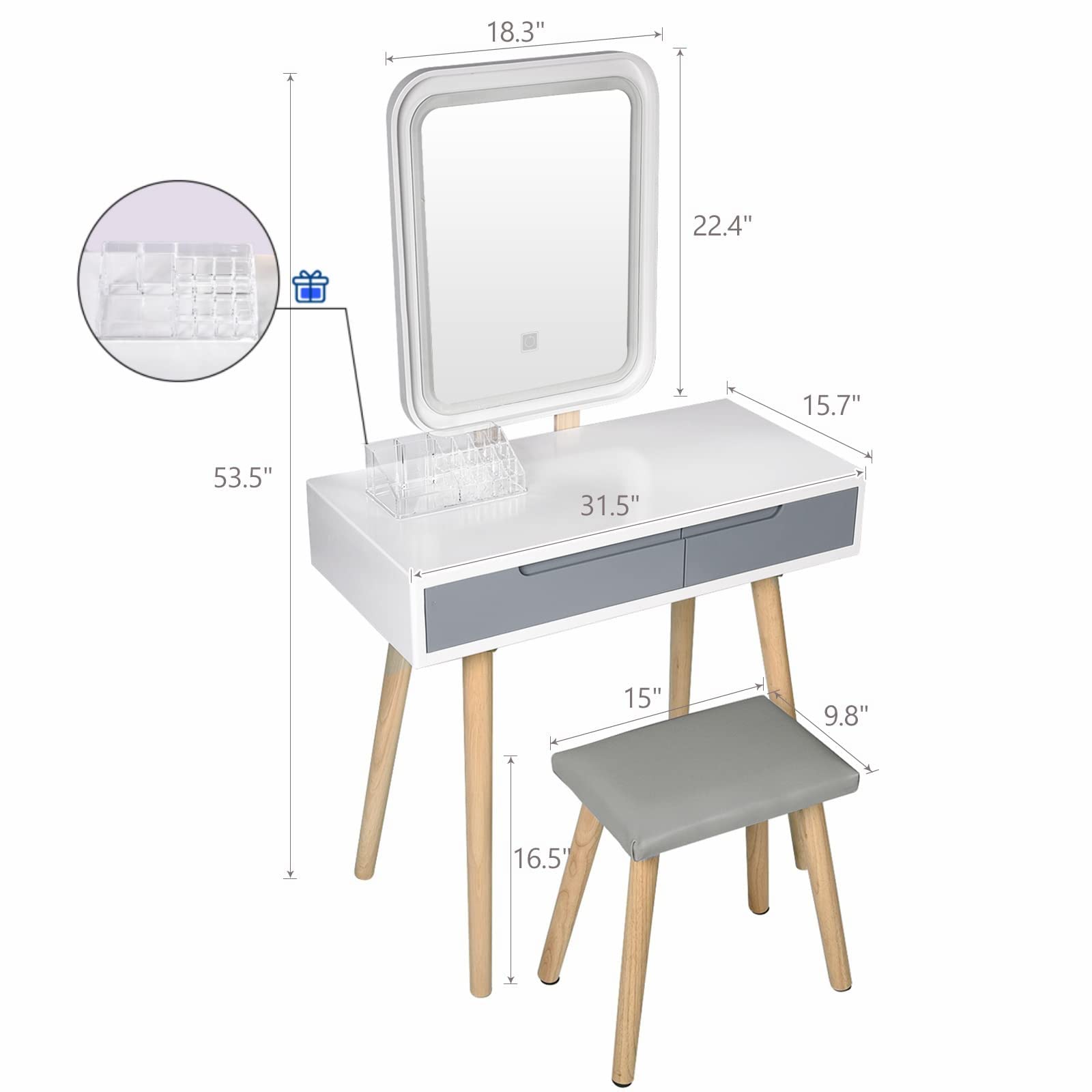 ARTETHYS Vanity Table Set with Adjustable Brightness Mirror and Cushioned Stool, Dressing Table Vanity Makeup Table with Free Make-up Organizer