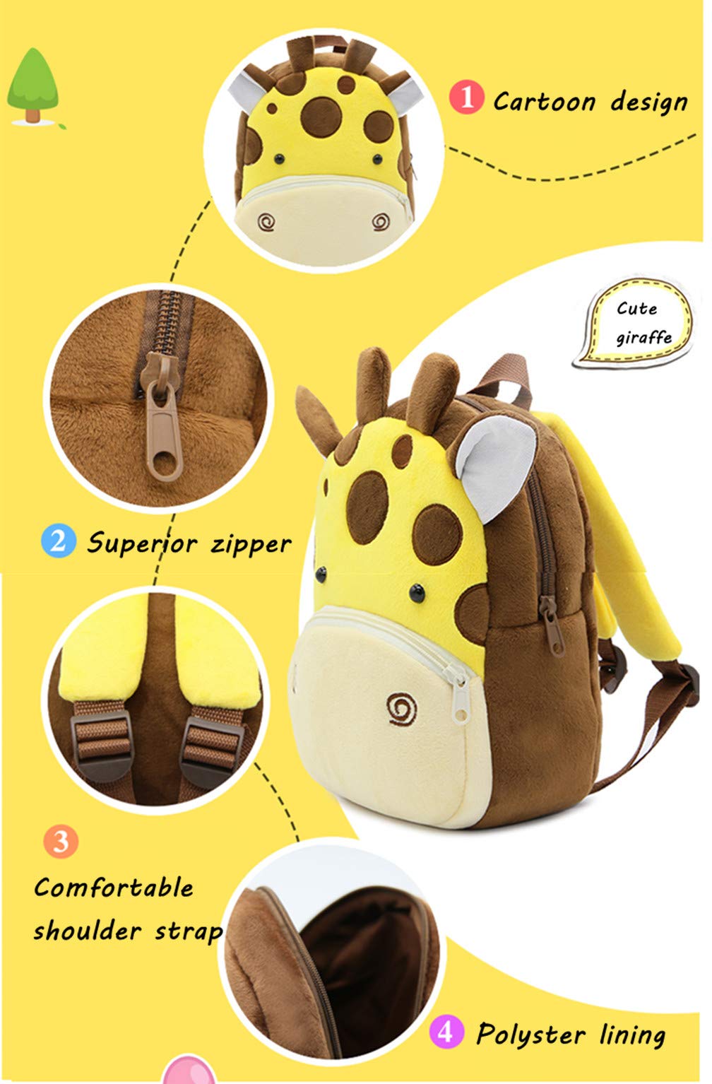 Ladyzone Toddler Backpack Zoo Animals Backpacks Cute Plush Bag Cartoon 10" Preschool Book Bag For 2+ Years Girls Boys (Giraffe)