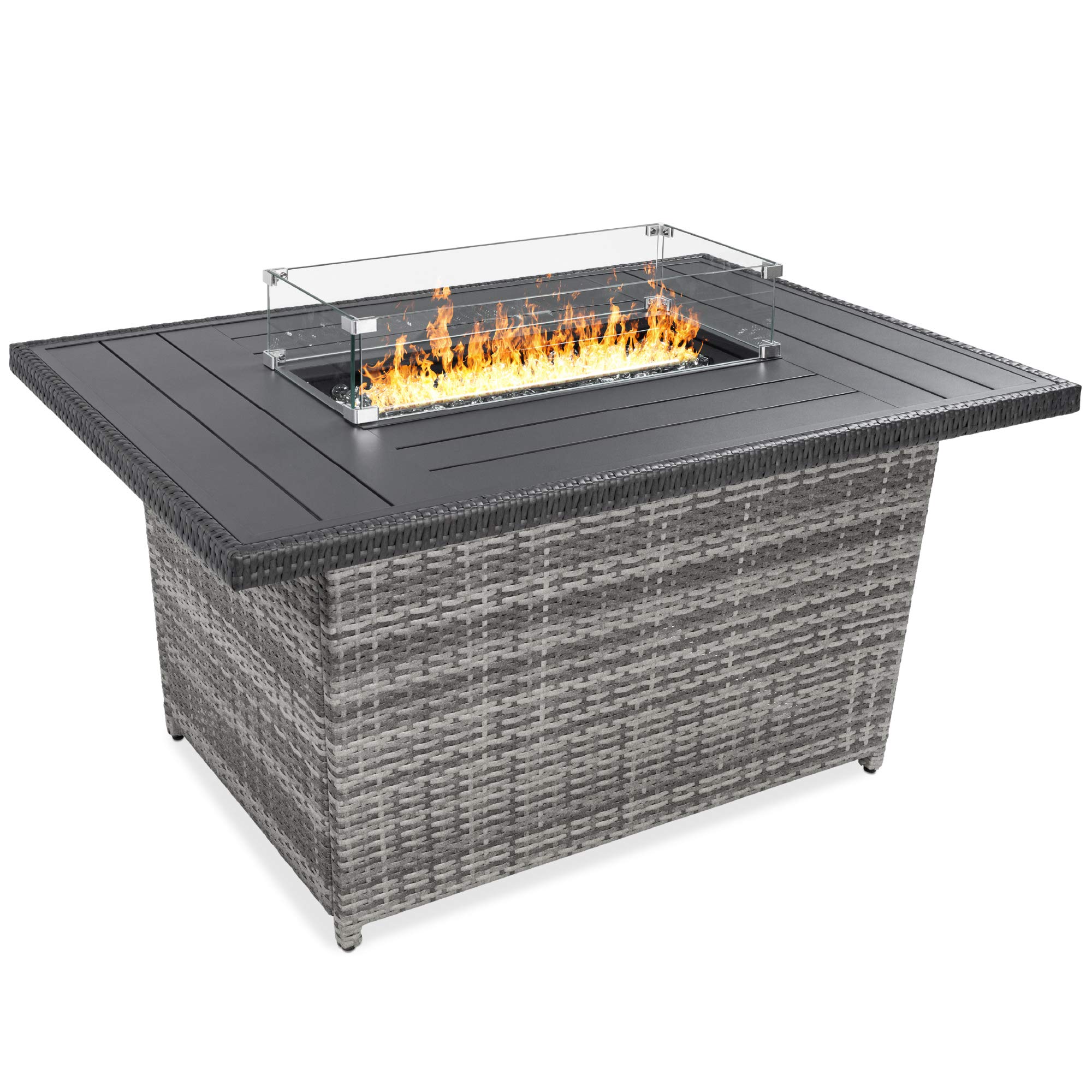 Best Choice Products 52in 50,000 BTU Outdoor Wicker Patio Propane Gas Fire Pit Table w/Aluminum Tabletop, Glass Wind Guard, Clear Glass Rocks, Cover, Slide Out Tank Holder, and Lid - Gray