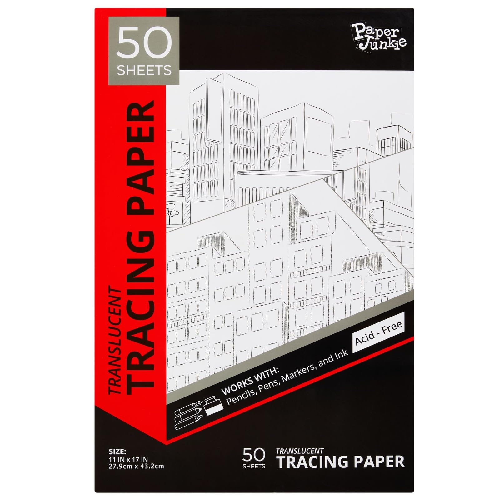 Paper Junkie 50 Sheets Tracing Paper Pad for Drawing, Translucent 11x17 Vellum for Blueprints, Crafts (White)