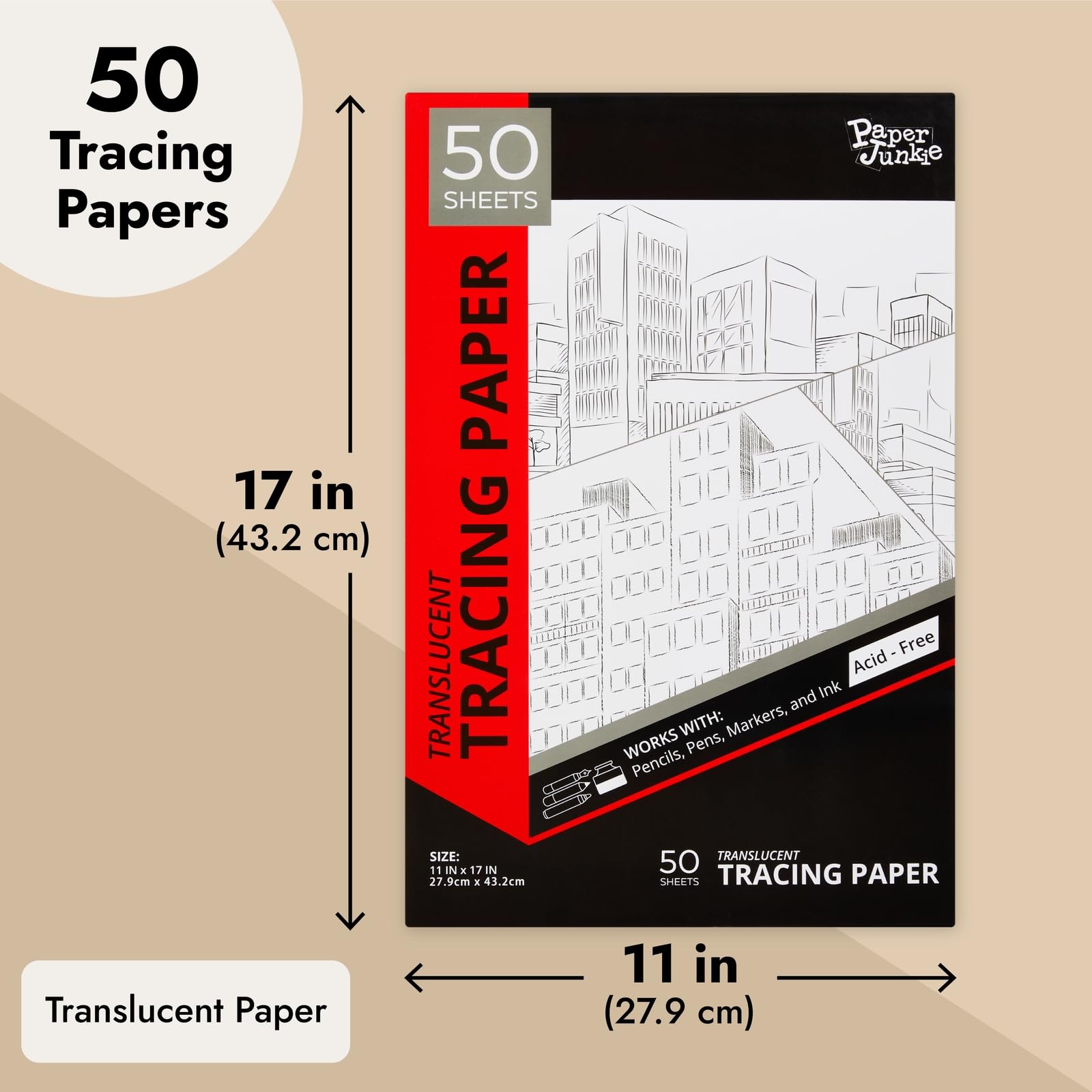 Paper Junkie 50 Sheets Tracing Paper Pad for Drawing, Translucent 11x17 Vellum for Blueprints, Crafts (White)