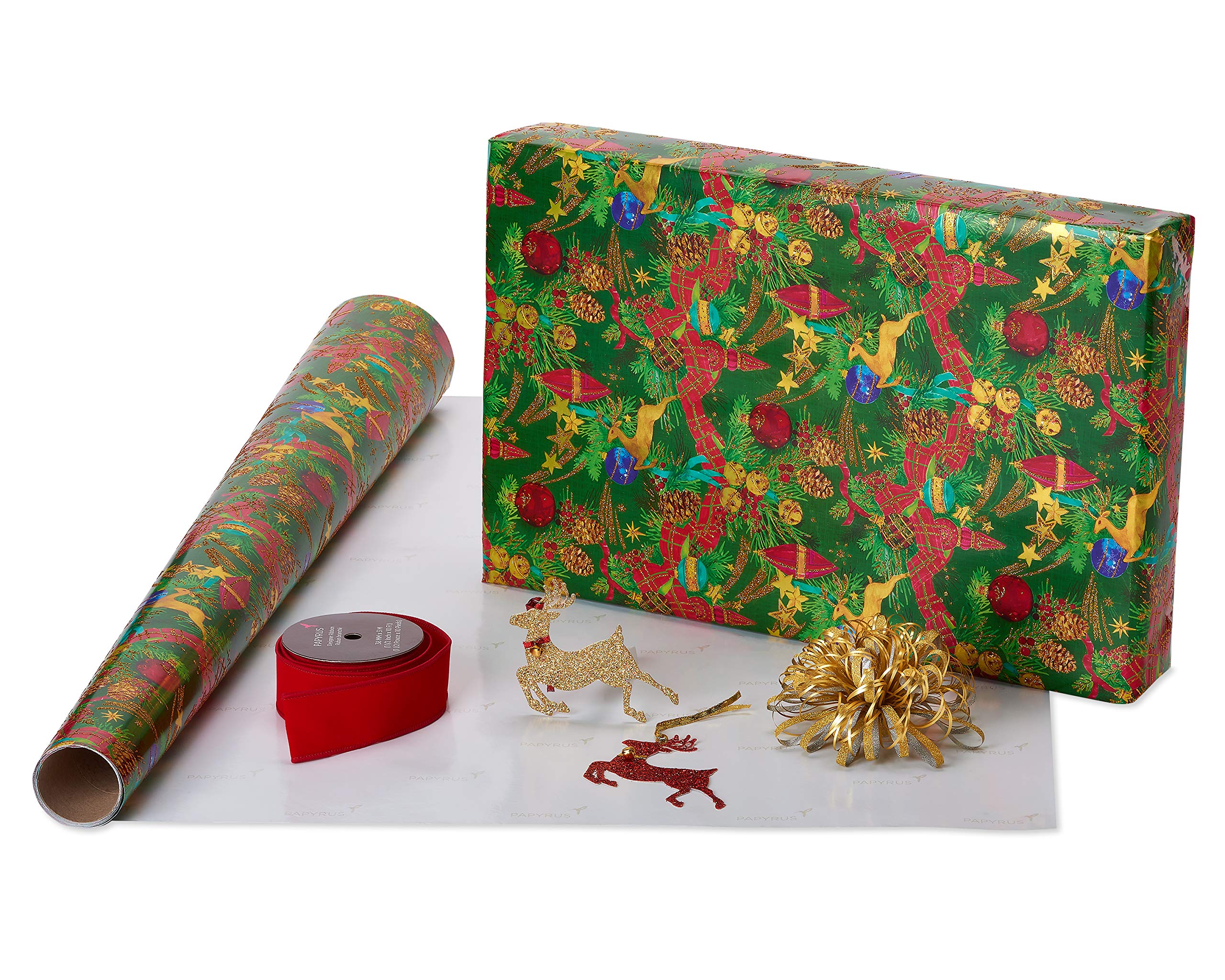 Papyrus Vintage Christmas Wrapping Paper Set, Holiday Traditions (2 Rolls 40 sq. ft., 3 Bows, 1 Ribbon, 3 Gift Tags, 12 Labels)