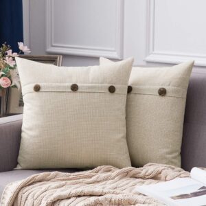 miulee set of 2 decorative linen throw pillow covers cushion case triple button vintage farmhouse pillowcase for couch sofa bed 18 x 18 inch 45 x 45 cm beige