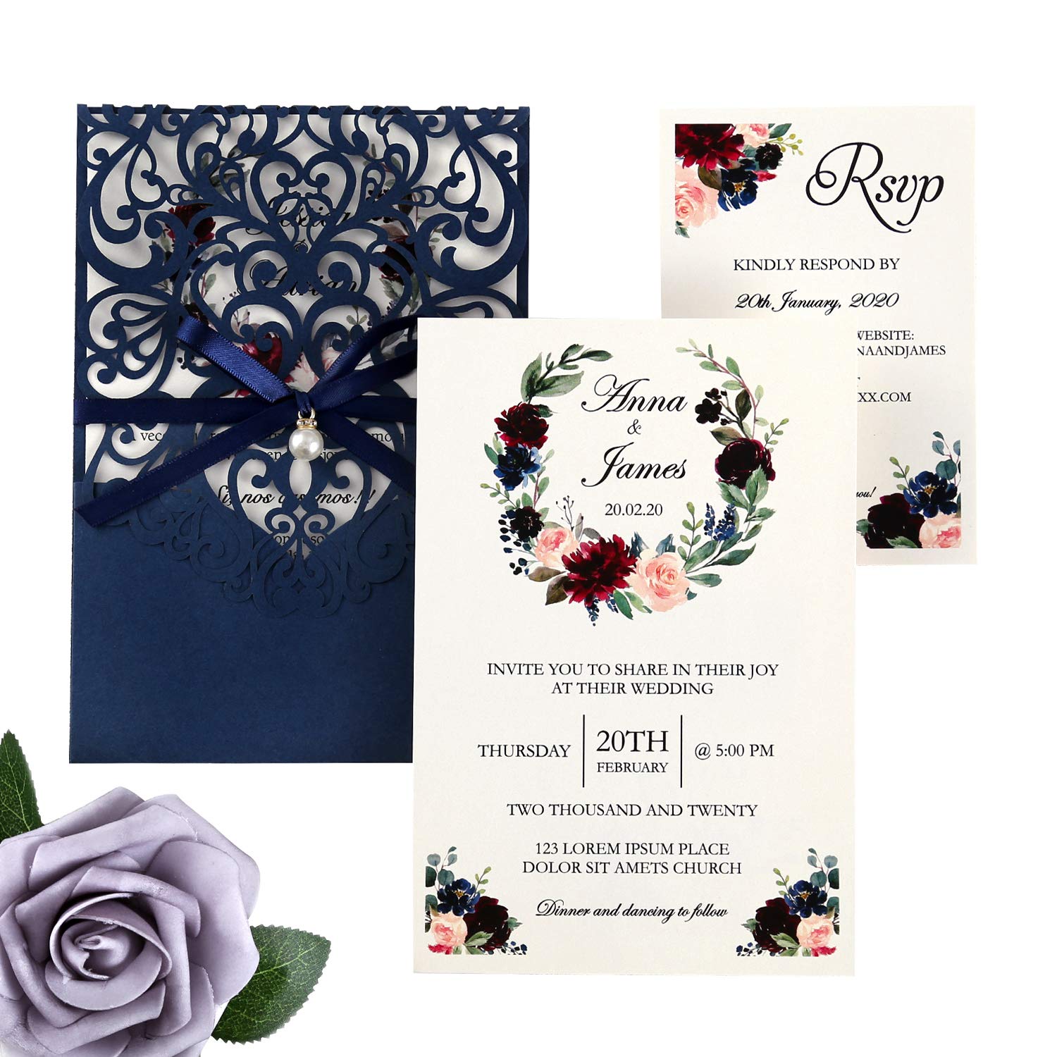 DreamBuilt 5X7.2 Inch 50PCS Blank Laser Cut Navy Blue Wedding Invitations With Rsvp Cards And Envelopes And Ribbon Belly Band Pearl Embellishments Wedding Invitation Cards For Wedding Invite