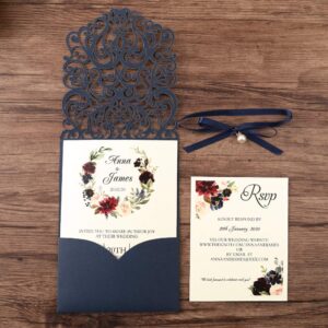 DreamBuilt 5X7.2 Inch 50PCS Blank Laser Cut Navy Blue Wedding Invitations With Rsvp Cards And Envelopes And Ribbon Belly Band Pearl Embellishments Wedding Invitation Cards For Wedding Invite