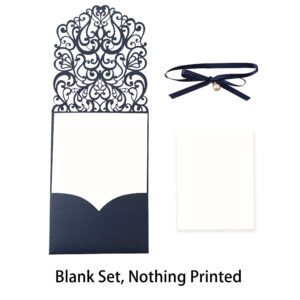 DreamBuilt 5X7.2 Inch 50PCS Blank Laser Cut Navy Blue Wedding Invitations With Rsvp Cards And Envelopes And Ribbon Belly Band Pearl Embellishments Wedding Invitation Cards For Wedding Invite