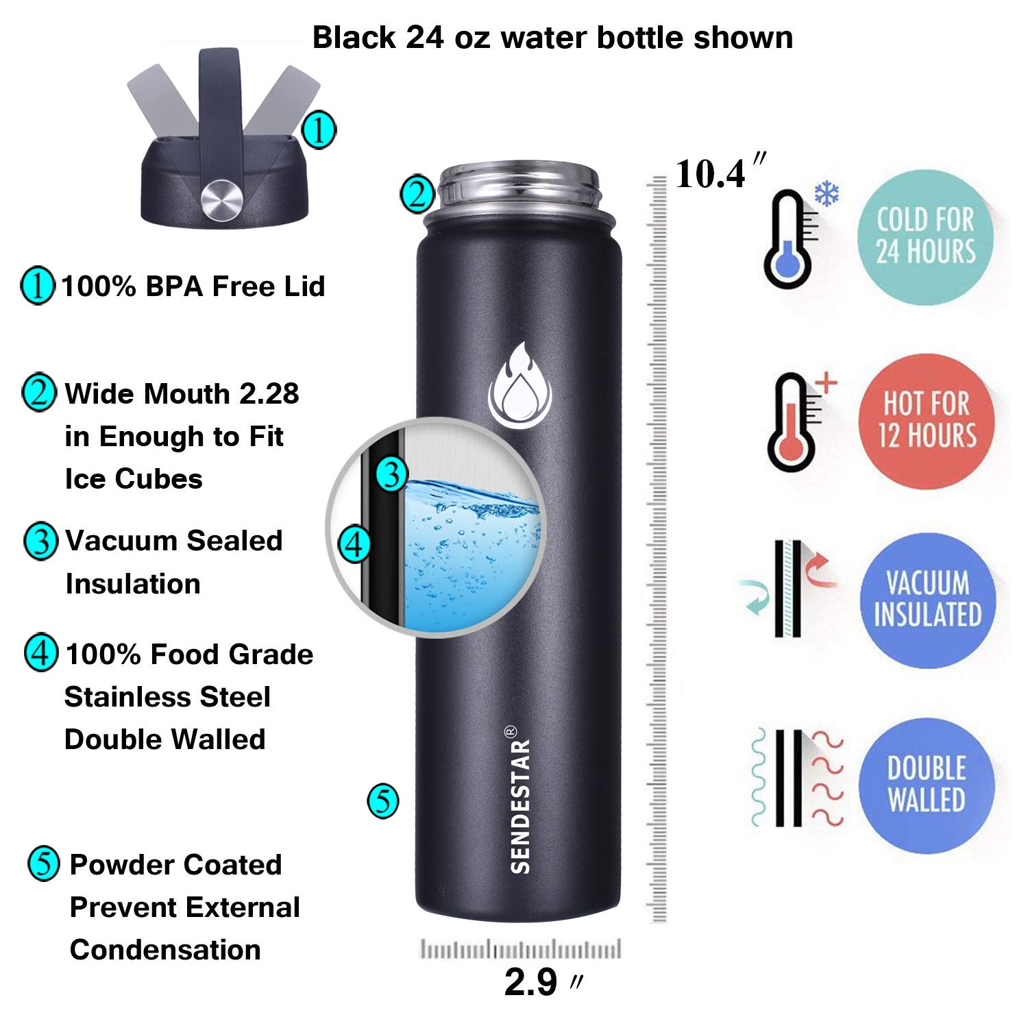 SENDESTAR Stainless Steel Water Bottle, Wide Mouth 24 oz Water Bottle with Straw Lid, Spout Lid, Double Wall Vacuum Insulated Leak Proof, Keeps Liquids Hot or Cold (Black)