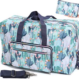 Foldable Travel Duffle Bag for Women Girls Large Cute Floral Weekender Overnight Carry On Bag for Kids Checked Luggage Bag (Z-Cactus)