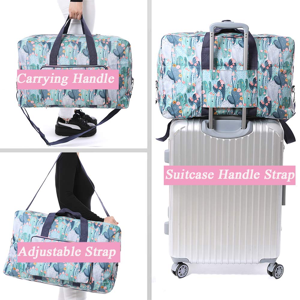 Foldable Travel Duffle Bag for Women Girls Large Cute Floral Weekender Overnight Carry On Bag for Kids Checked Luggage Bag (Z-Cactus)