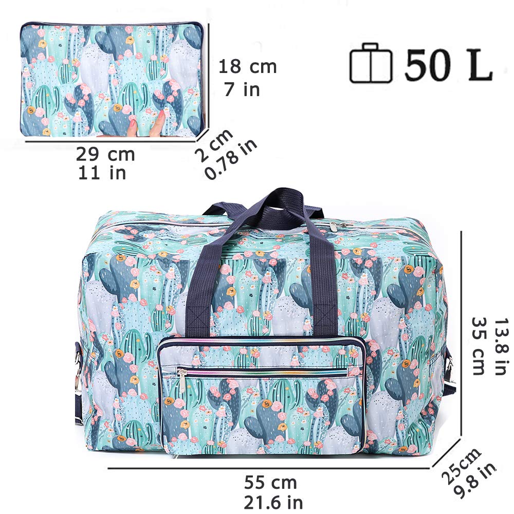 Foldable Travel Duffle Bag for Women Girls Large Cute Floral Weekender Overnight Carry On Bag for Kids Checked Luggage Bag (Z-Cactus)