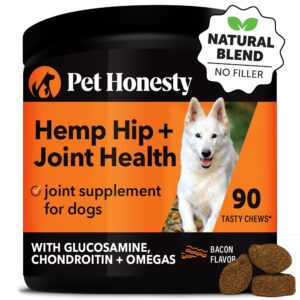 pet honesty hemp hip & joint supplement for dogs - hemp oil & hemp powder - glucosamine chondroitin for dogs, turmeric, msm, green-lipped mussel, supports mobility, may reduce discomfort (bacon)