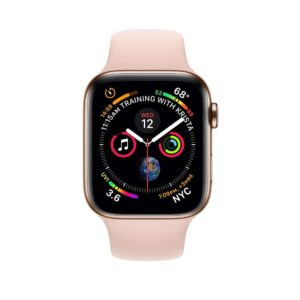 apple watch series 4 (gps + cellular, 44mm) - gold stainless steel case with pink sand sport band (renewed)