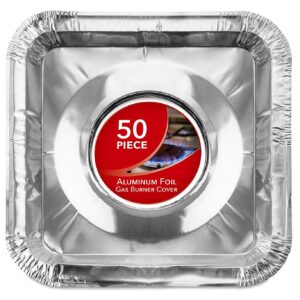 Disposable Gas Burner Liners (50 Pack) Aluminum Foil Square Gas Stove Burner Covers - 8.5 Inch Gas Range Protector, Stove Top Covers for Gas Burners, Foil Liners to Catch Oil, Grease, and Food Spills