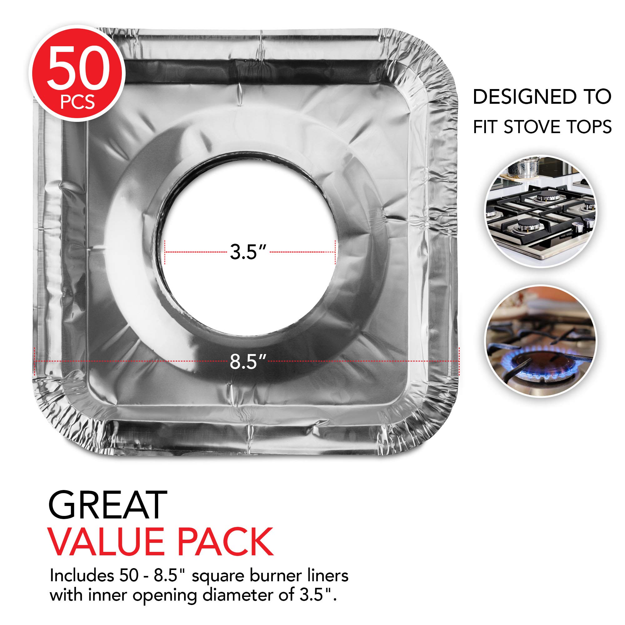 Disposable Gas Burner Liners (50 Pack) Aluminum Foil Square Gas Stove Burner Covers - 8.5 Inch Gas Range Protector, Stove Top Covers for Gas Burners, Foil Liners to Catch Oil, Grease, and Food Spills