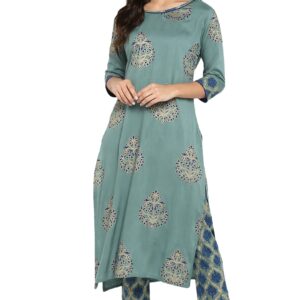 Janasya Indian Women's Tunic Tops Rayon Kurti Set for Women(SET094-KR-NP-S) Turquoise