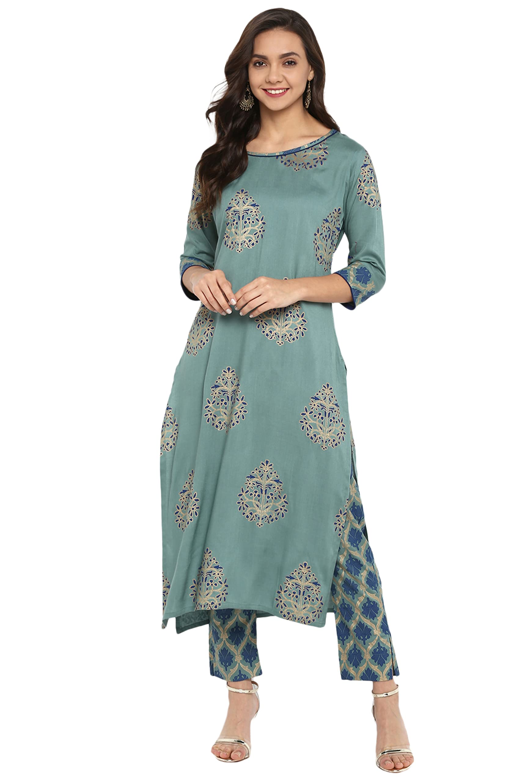 Janasya Indian Women's Tunic Tops Rayon Kurti Set for Women(SET094-KR-NP-S) Turquoise