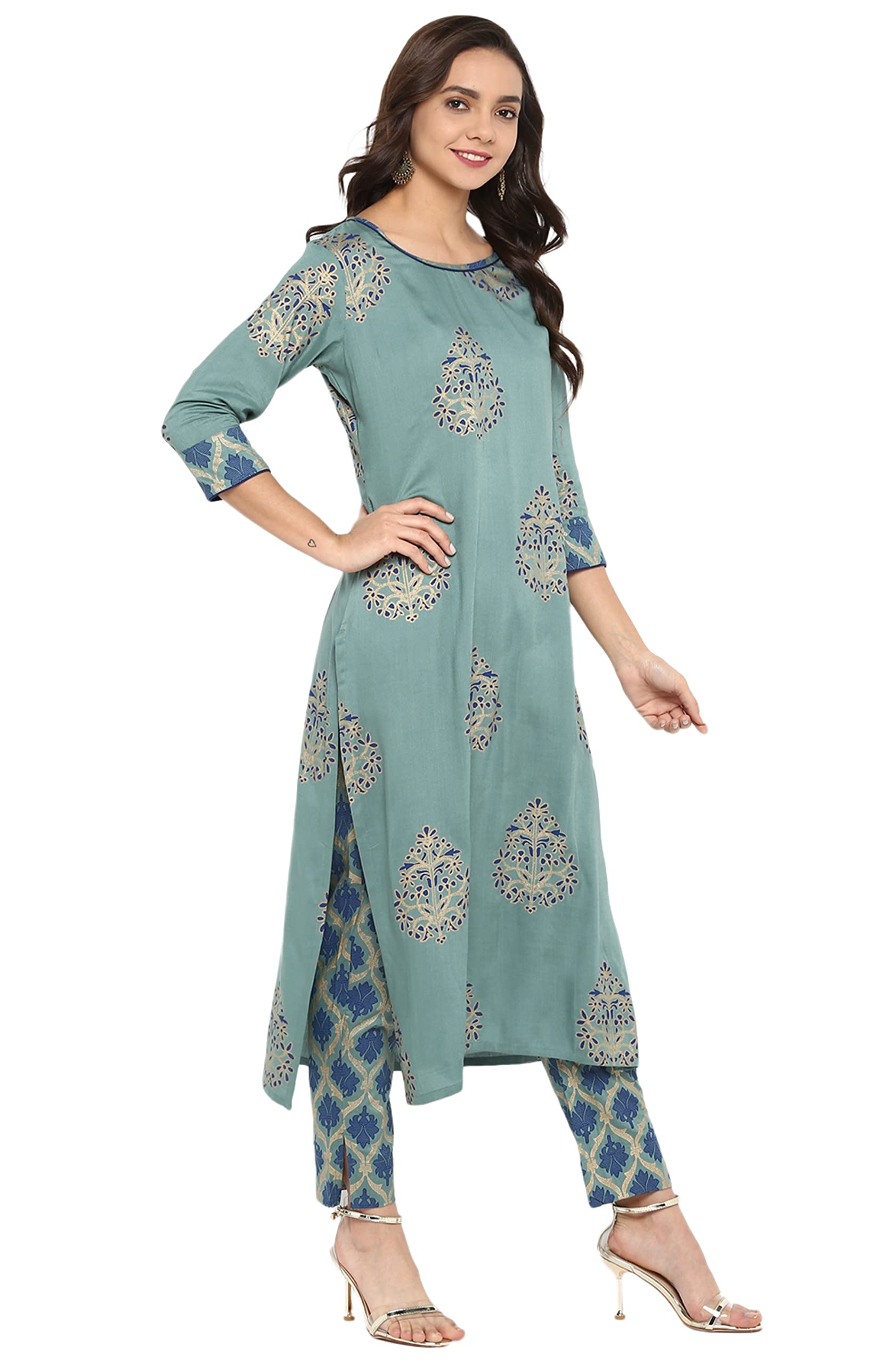 Janasya Indian Women's Tunic Tops Rayon Kurti Set for Women(SET094-KR-NP-S) Turquoise