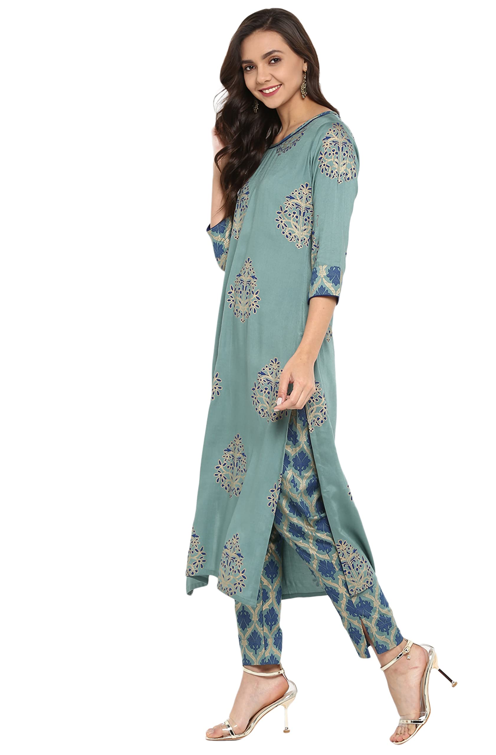 Janasya Indian Women's Tunic Tops Rayon Kurti Set for Women(SET094-KR-NP-S) Turquoise