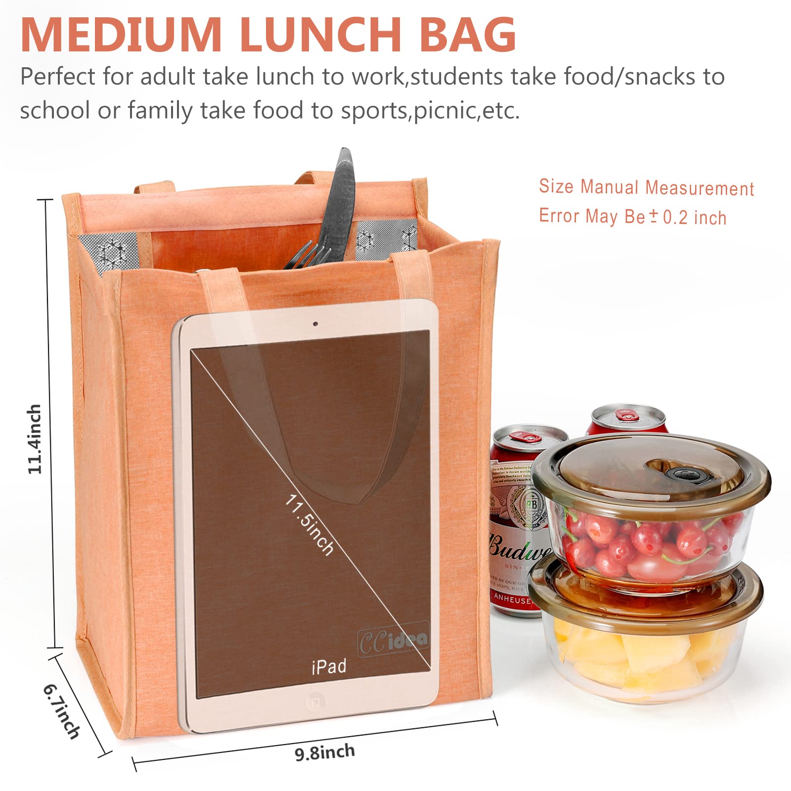 CCidea Lunch Bag for Women Men,Simple Insulated Lunch Box, Reusable Lunch Boxes for Work Travel（Inulin with Velcro）