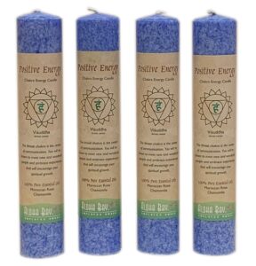 aloha bay chakra energy pillar candles | meditation and balance set (4 pack, positive energy - visuddha | moroccan rose, and chamomile)