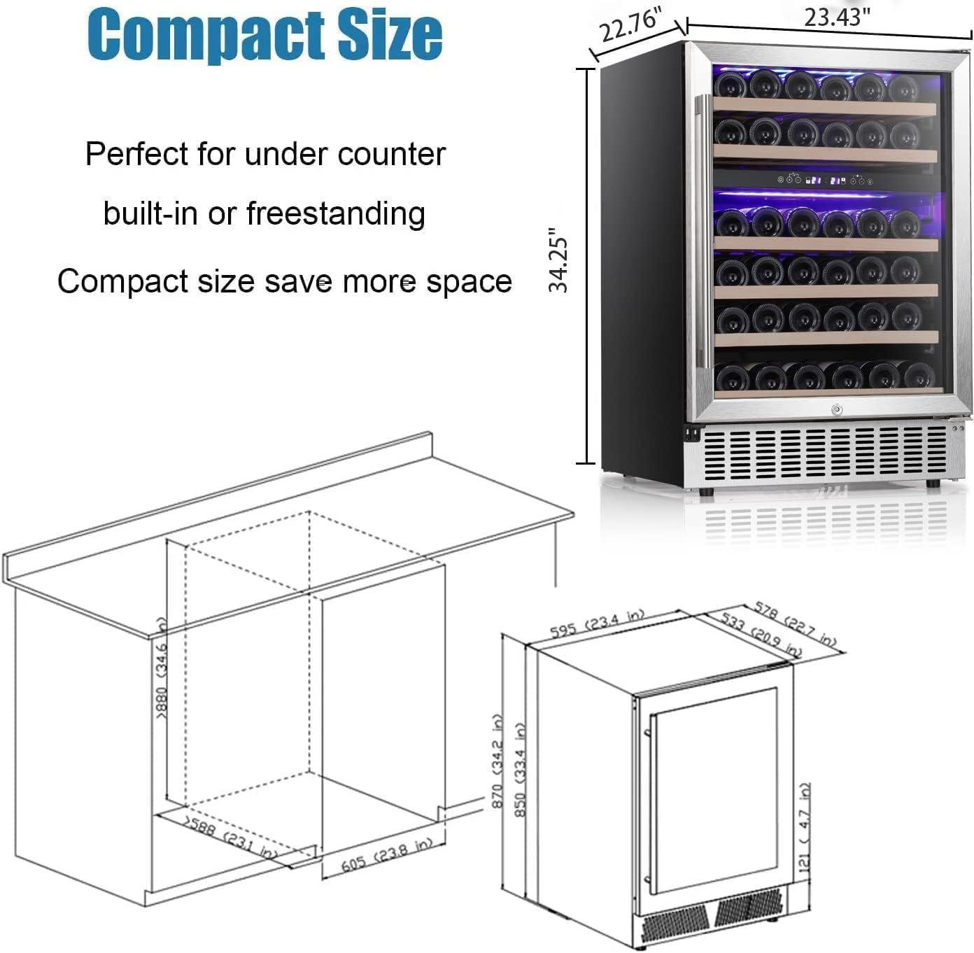 Antarctic Star 24" Wine Cooler Beverage Refrigerator Under Counter Beer Mini Fridge Built-in Freestanding Stainless Steel Dual-Layer Digital Temperature Control Glass Door…