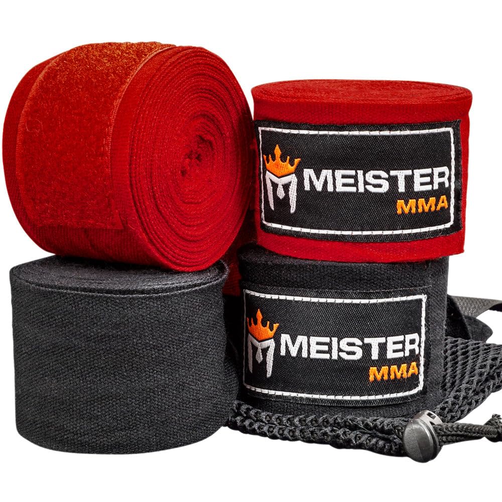 Meister Elite 180" Premium Adult Hand Wraps for MMA & Boxing - 2 Pair Pack w/Mesh Bag - Black/Blood Red