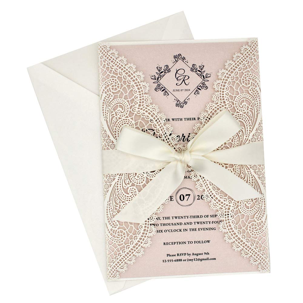 Picky Bride 25-Pack White Lace Laser Cut Wedding Invitations with Blush Pink Shimmer Insert, Elegant Invite Cards for Wedding/Sweet Sixteen/Baby Shower/Bridal Shower/Birthday Party