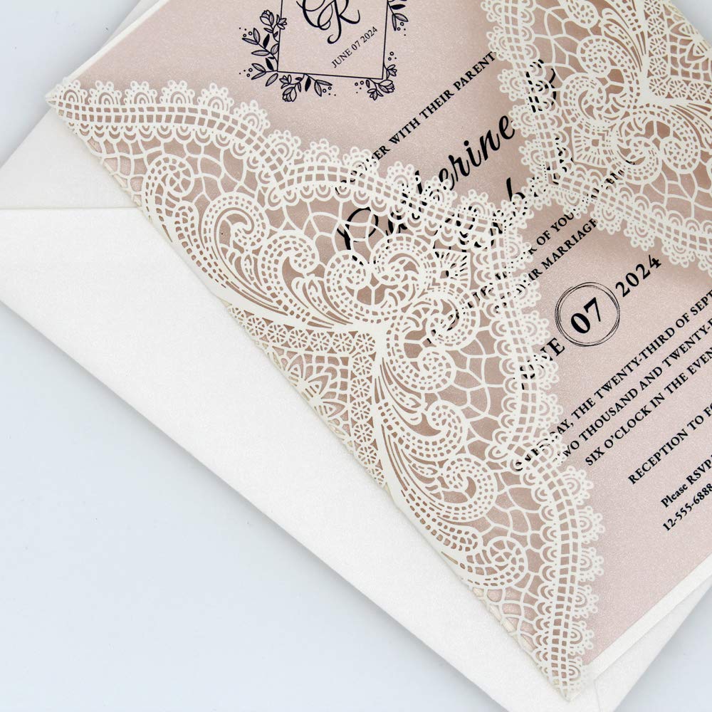 Picky Bride 25-Pack White Lace Laser Cut Wedding Invitations with Blush Pink Shimmer Insert, Elegant Invite Cards for Wedding/Sweet Sixteen/Baby Shower/Bridal Shower/Birthday Party