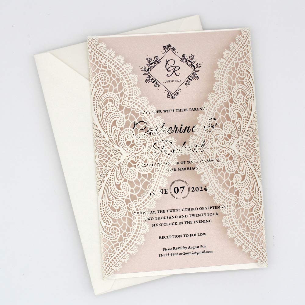 Picky Bride 25-Pack White Lace Laser Cut Wedding Invitations with Blush Pink Shimmer Insert, Elegant Invite Cards for Wedding/Sweet Sixteen/Baby Shower/Bridal Shower/Birthday Party