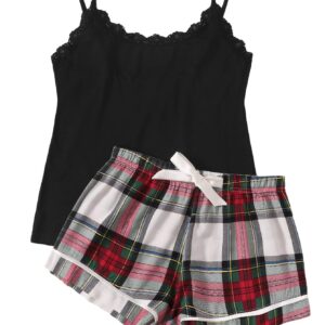 SweatyRocks Women's Sleepwear Set Plaid Print Cami Top and Elastic Waist Short Pajama Set Multicolor Large