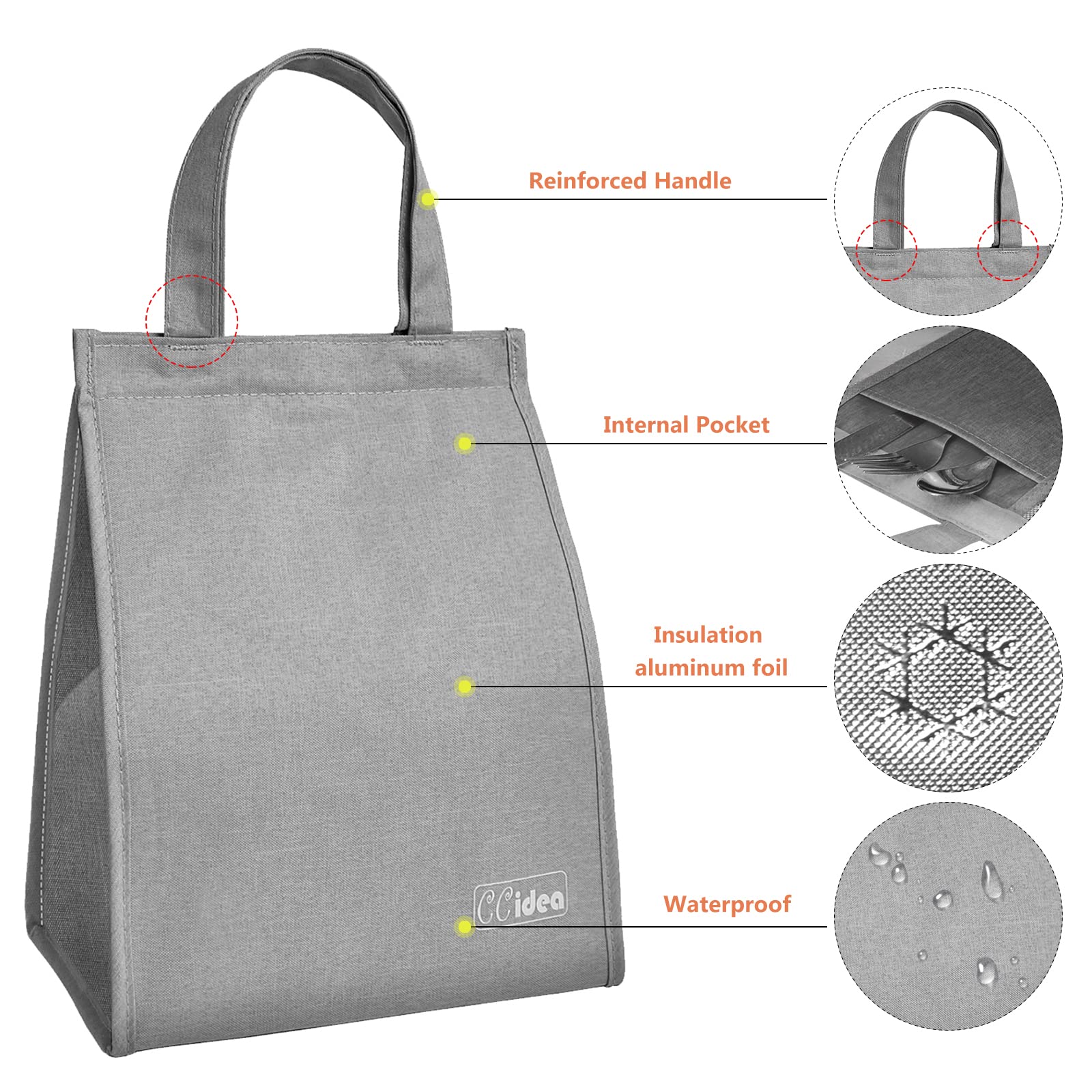 CCidea Lunch Bag for Women Men,Simple Insulated Lunch Box,Reusable Lunch Boxes for Office Work Travel(Grey with Velcro)