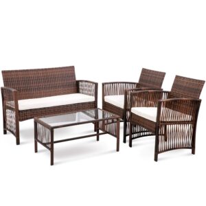 YYAO 4 PCs Outdoor Patio Rattan Furniture Conversation Sets PE Wicker Rattan Sofa Chair Cushioned Seat Furniture Set,Coffee Table with Tempered Glass Tabletop - Brown