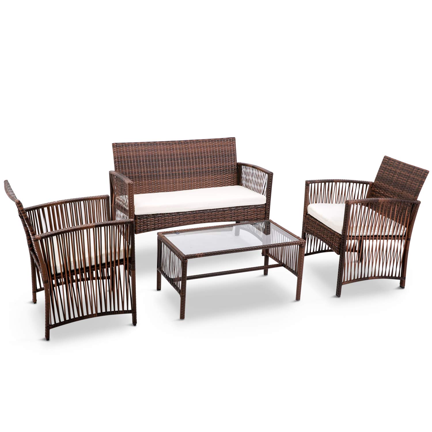 YYAO 4 PCs Outdoor Patio Rattan Furniture Conversation Sets PE Wicker Rattan Sofa Chair Cushioned Seat Furniture Set,Coffee Table with Tempered Glass Tabletop - Brown