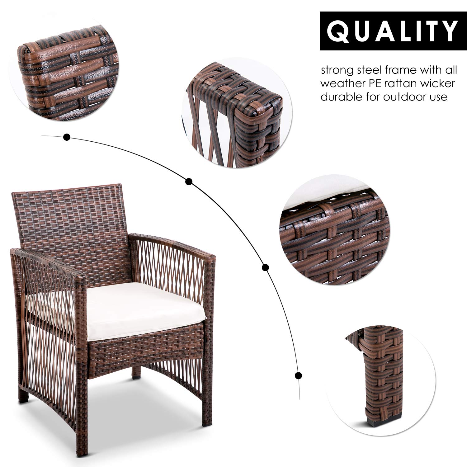 YYAO 4 PCs Outdoor Patio Rattan Furniture Conversation Sets PE Wicker Rattan Sofa Chair Cushioned Seat Furniture Set,Coffee Table with Tempered Glass Tabletop - Brown