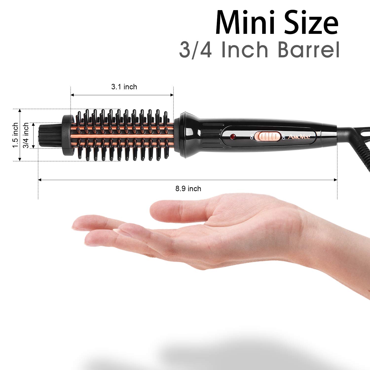 AmoVee Mini Curling Iron Travel Hair Brush Anti-Scald Curling Wand Ceramic Tourmaline Hot Brush 3/4 Inch Barrel for Short Hair