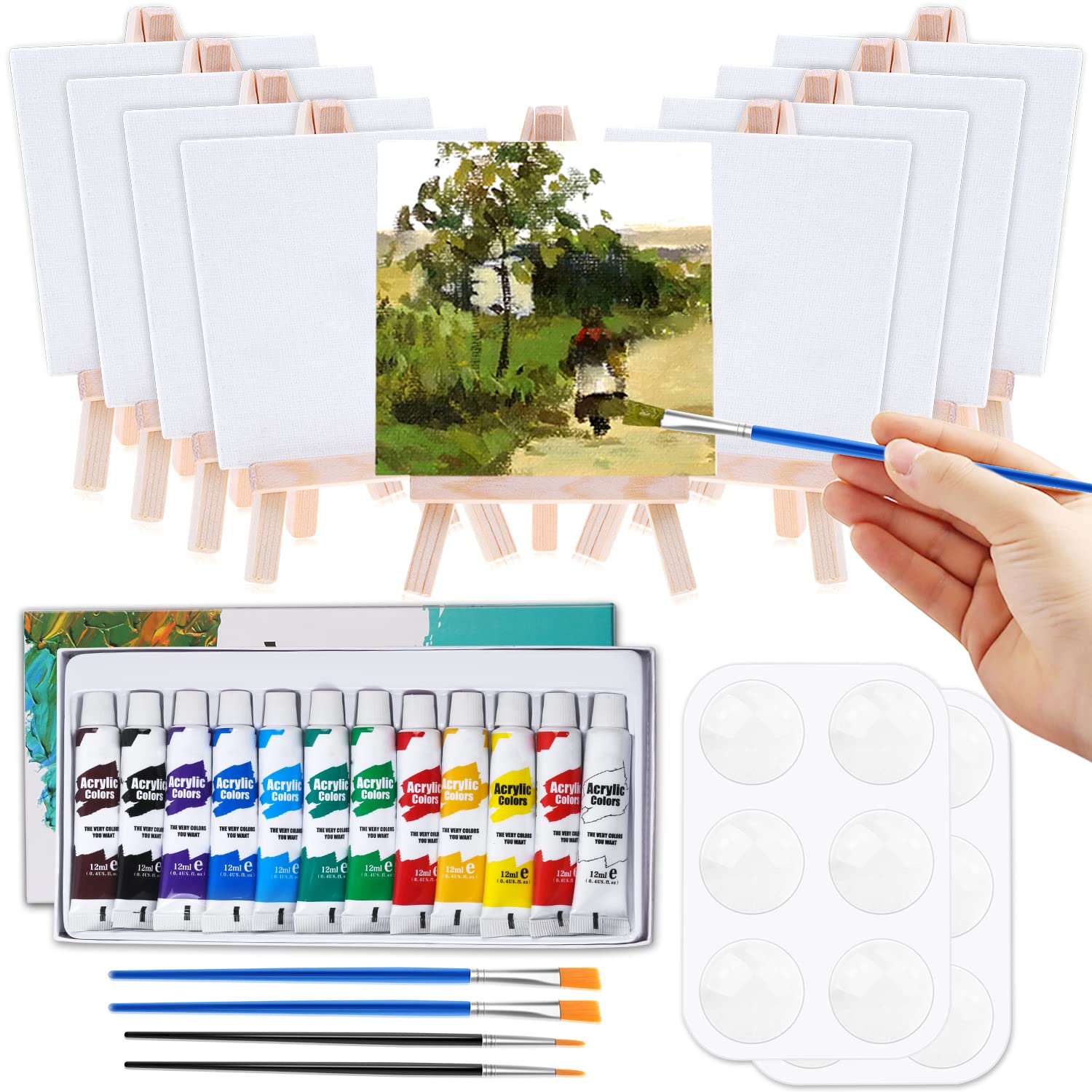 Mini Canvas and Easel, Cridoz 47 Pieces Mini Canvas Painting Set Includes 4x4 Inches Primed Canvas, Mini Easel, Acrylic Paint, Paintbrushes and Palette for Kids Artists Art Party