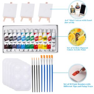 Mini Canvas and Easel, Cridoz 47 Pieces Mini Canvas Painting Set Includes 4x4 Inches Primed Canvas, Mini Easel, Acrylic Paint, Paintbrushes and Palette for Kids Artists Art Party