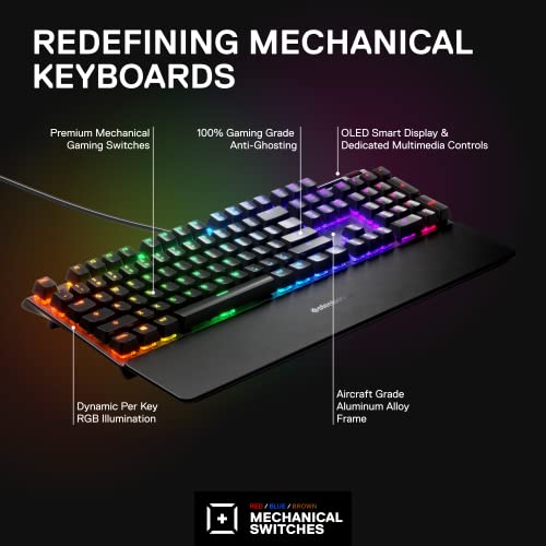 SteelSeries Apex 7 Mechanical Gaming Keyboard – OLED Smart Display – USB Passthrough and Media Controls – Linear , Quiet – RGB Backlit (Red Switch)