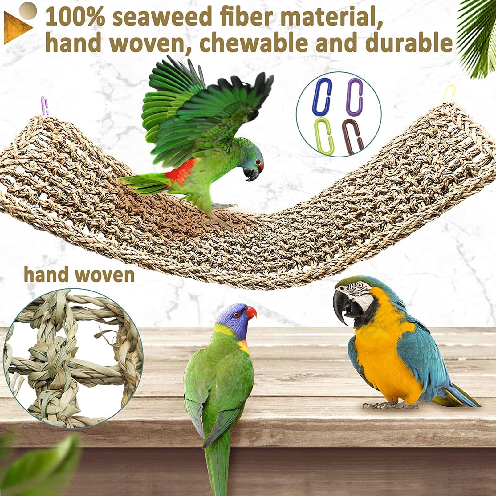 Bird Seagrass Mat 29.5"×7" Parrot Natural Grass Woven Net Hammock Hanging on Cage with Hooks Parakeet Climbing Rope Ladder Chew Toys for Pigeon Cockatiel Conure Budgie Cockatoo Rat