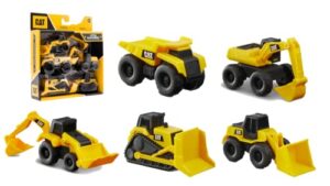 cat construction toys, little machines 5pk truck toy set, includes dump truck, front loader, bulldozer, backhoe, and excavator vehicles with moving parts, cake toppers ages 3+