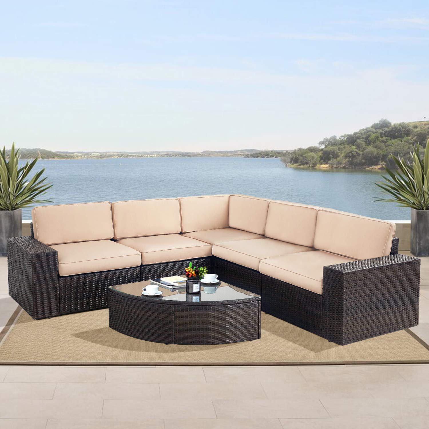 Patiomore 6 Pieces Outdoor Patio Furniture Sets, All-Weather Wicker Rattan Chair Conversation Sectional Sofa with Tempered Glass Table, Brown