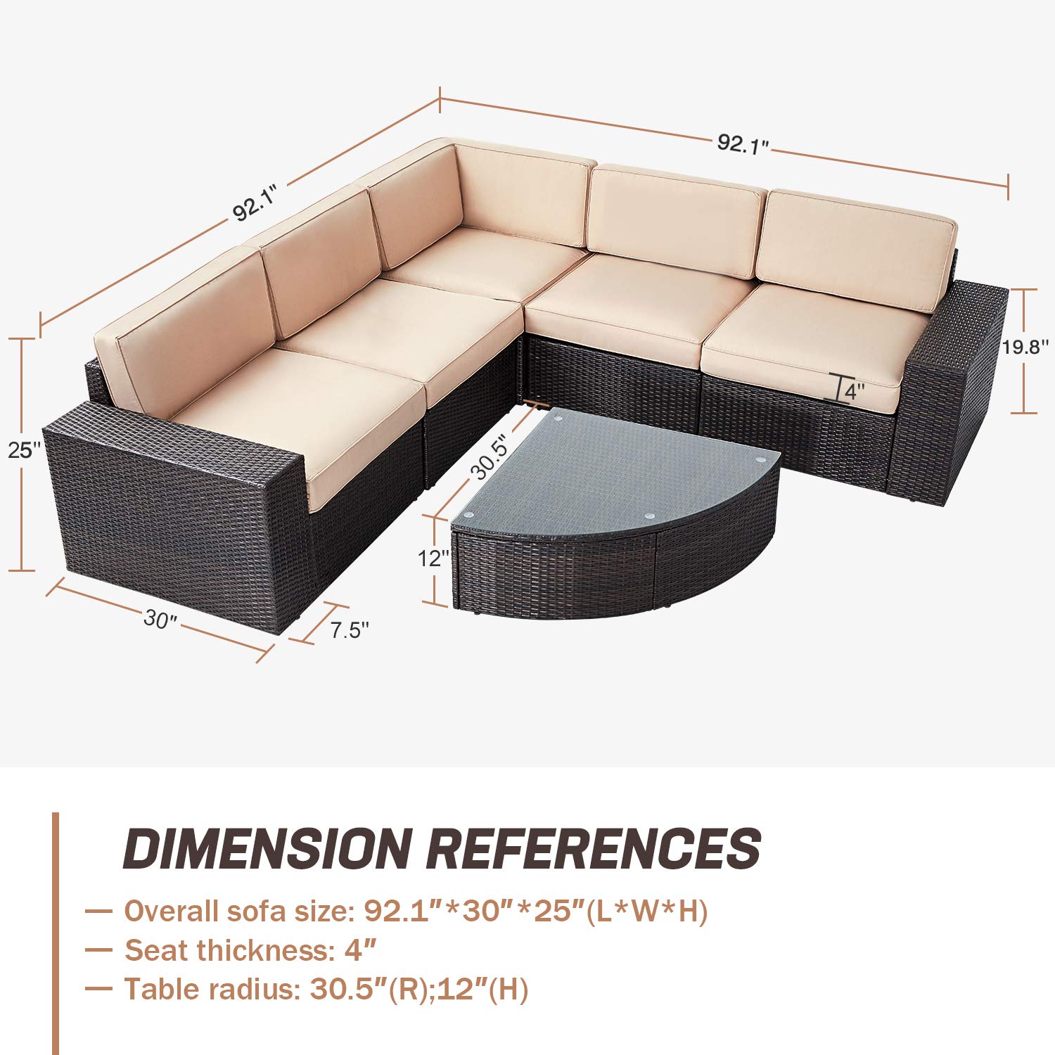 Patiomore 6 Pieces Outdoor Patio Furniture Sets, All-Weather Wicker Rattan Chair Conversation Sectional Sofa with Tempered Glass Table, Brown