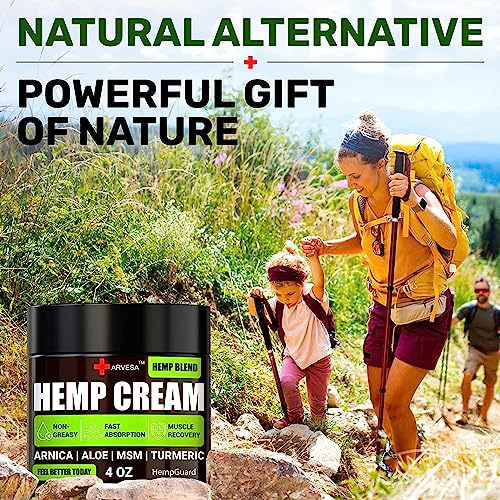 Natural Hemp Cream for Muscles, Joints, Back, Knees, Neck, Fingers, Elbows - High Strength Hemp Oil Extract with Arnica, Emu Oil, Turmeric - Made in The USA